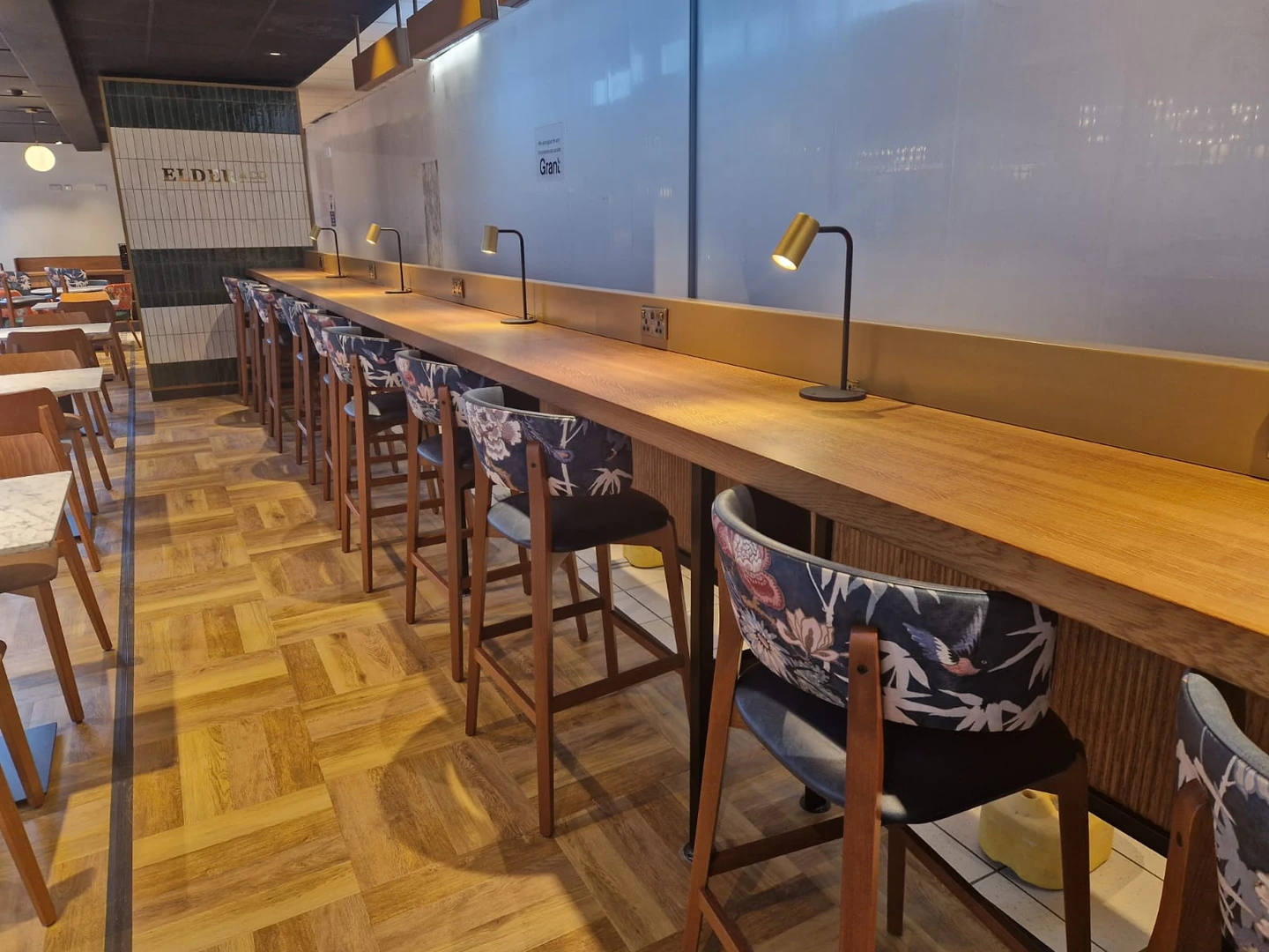 Counter seating with power sockets at Elder & Co, Belfast International Airport